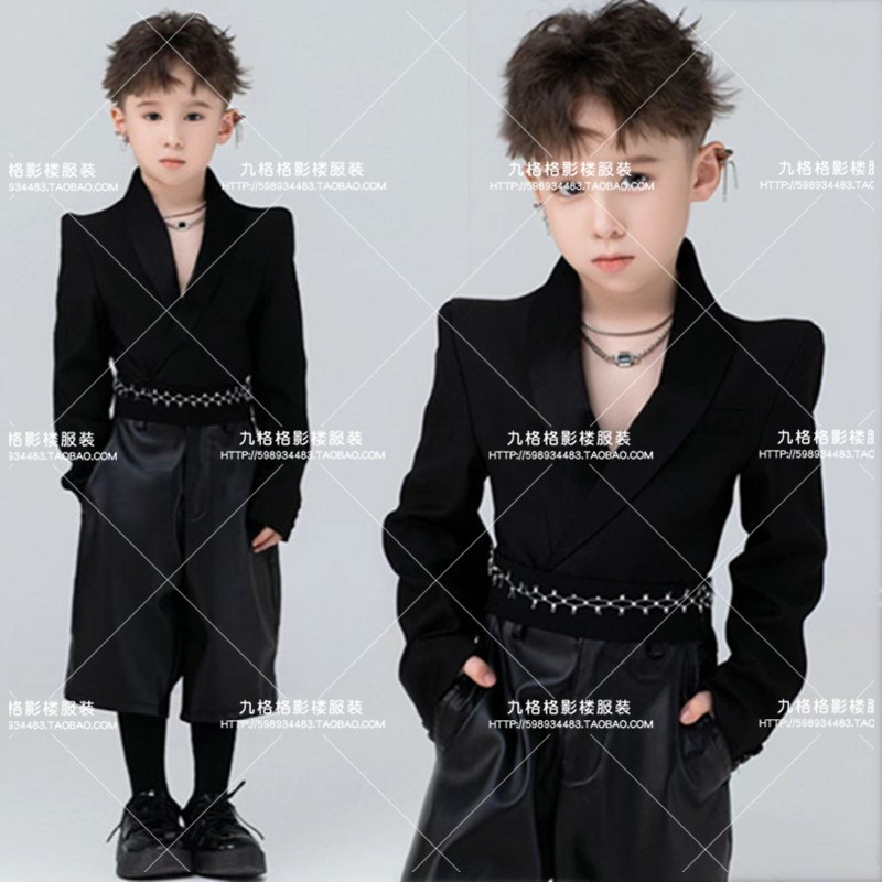 男童黑色西装套装儿童演出服少儿模特大赛T台走秀潮服西服单外套