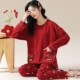 5XL特大码 200斤胖mm红色套装 春秋纯棉长袖 睡衣女胖妹妹加肥加大码
