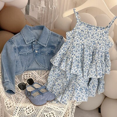 女童洋气套装宝宝2025春装新款儿童牛仔外套碎花连衣裙两件套L562