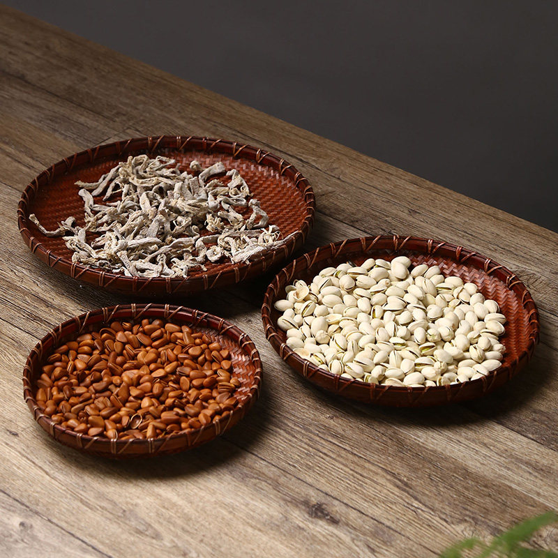 竹制品手工竹编茶叶簸箕干果盘家用竹匾收纳筐复古圆形水果盘竹筐