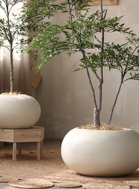 创意圆形扁球花盆花器竹子绿植搭配中国风茶室商场服装店会所装饰