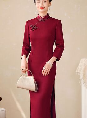 高档金丝羊毛呢旗袍秋冬2024新款七分袖中国风喜婆婆喜妈妈连衣裙