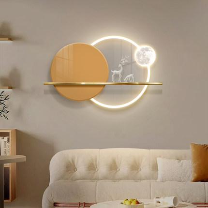 奶油风客厅装饰画沙发背景墙立体简约led麋鹿壁灯挂画高级感壁画