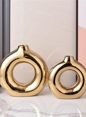 轻奢金银色电镀陶瓷花瓶花器家居工艺品艺术品摆件初月软装摆设