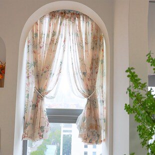 美式田园碎花拱形门帘免打孔纱帘不透人双层一体U窗帘小窗户窗纱