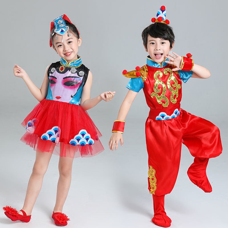 元旦新款儿童表演服装中国风幼儿京剧戏曲脸谱男女喜庆民族演出服
