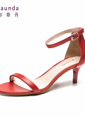 2021夏季新款真皮猫跟高跟鞋女红色细跟一字扣百搭露趾凉鞋 60789