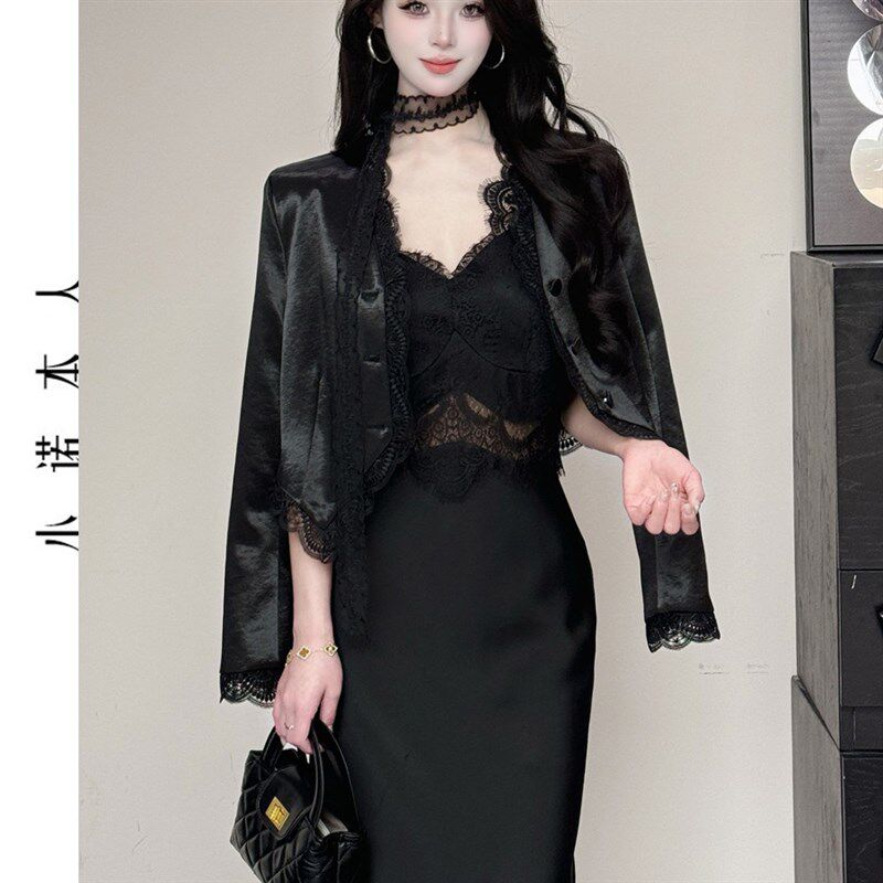 小诺本人休闲短西装女春款设计感小众外套蕾丝拼接连衣裙套装8828