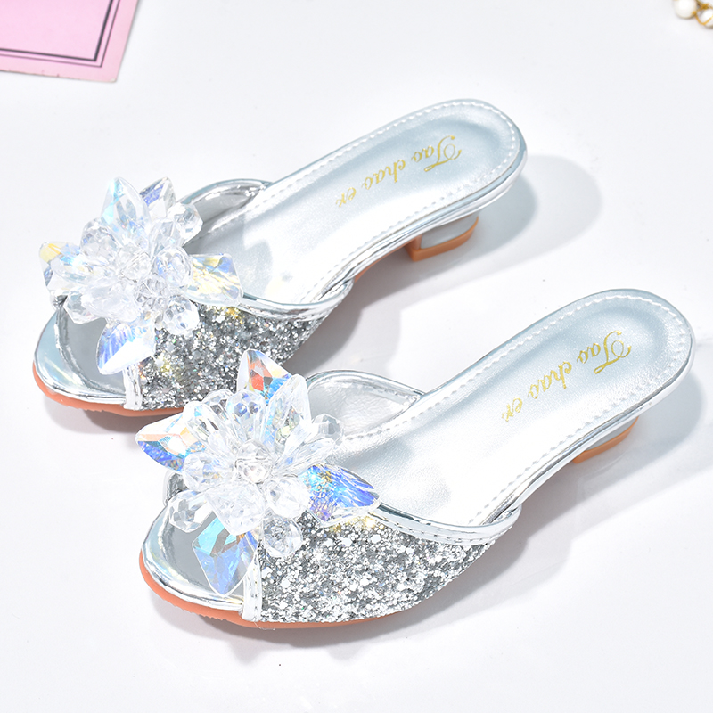 女童银色水晶鞋夏季儿童高跟拖鞋时尚百搭外穿公主鞋防滑居家凉拖