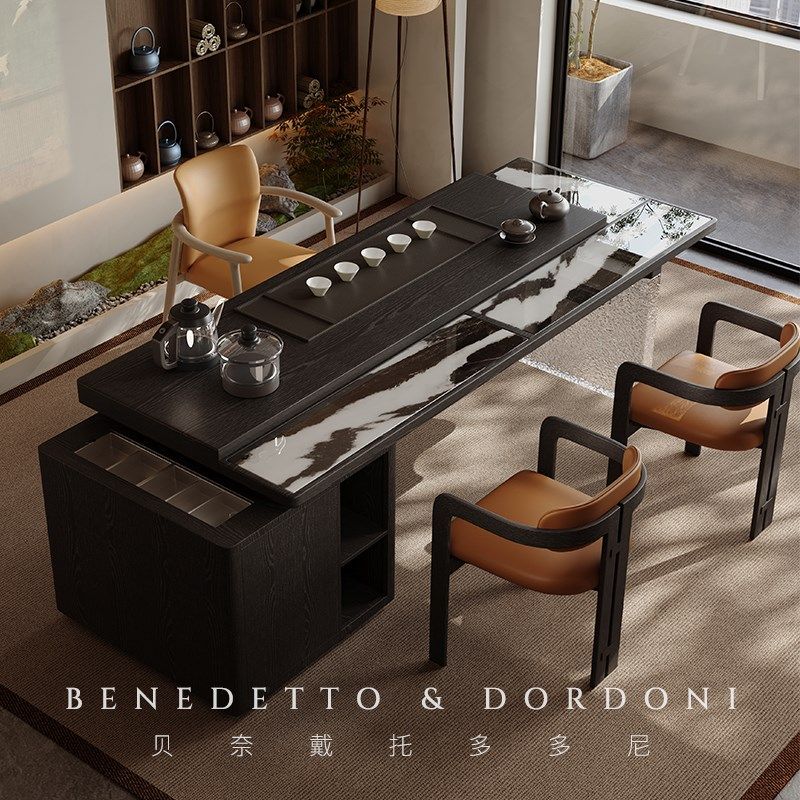 新中式茶桌椅组合实木侘寂风高级感亚克力现代轻奢泡茶台书桌一体