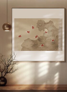 新中式太湖石鱼餐厅装饰画入户玄关挂画中古风客厅背景墙卧室壁画