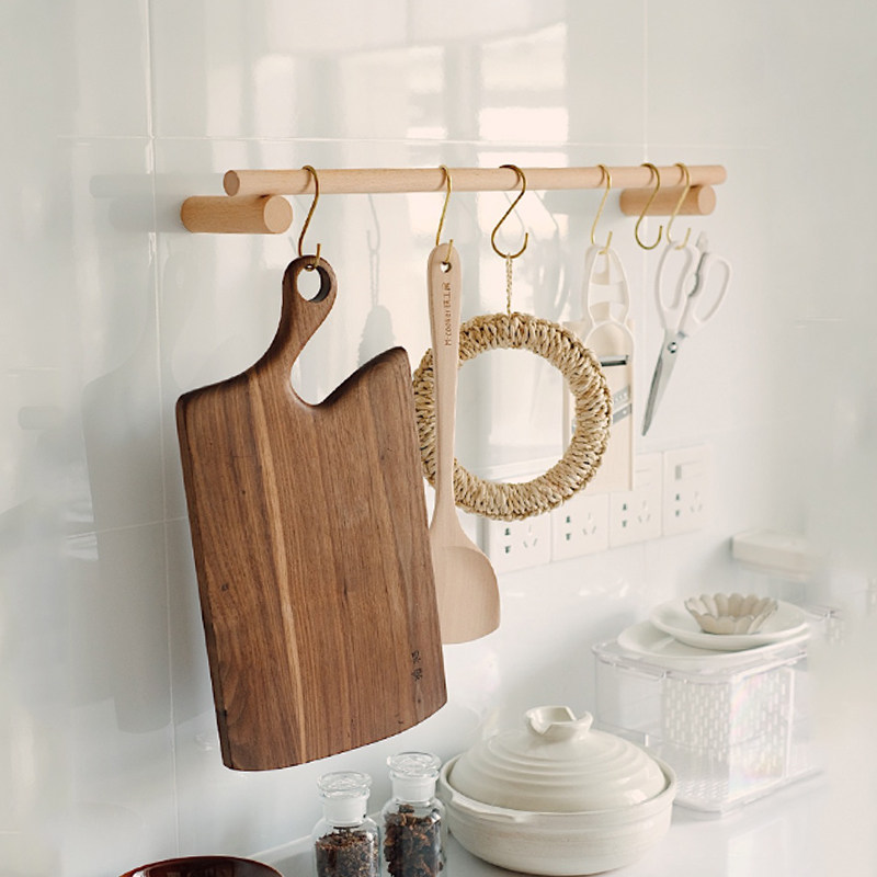 创意厨房单杆壁挂卫生间毛巾架日式实木衣服挂杆木质挂衣架免打孔