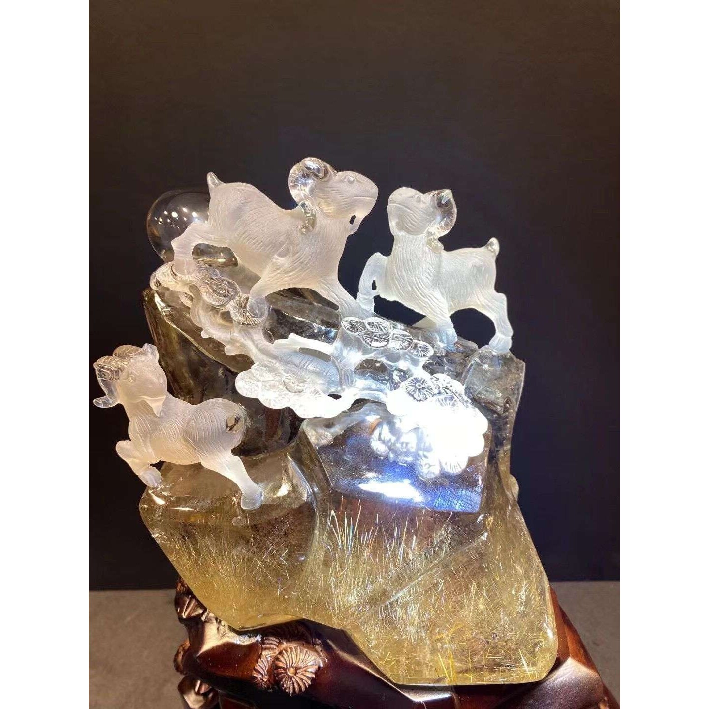 凤呈祥 天然发晶三羊开泰水晶摆件 晶体干净造型规整端正祥和
