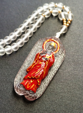 过去佛 燃灯古佛琉璃吊坠佛牌 观世音贴金鎏金彩绘男女信众佛珠链