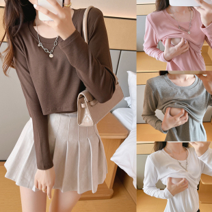 纯棉哺乳打底衫 哺乳衣上衣外出辣妈款 产后秋季 T恤喂奶服装 冬 长袖