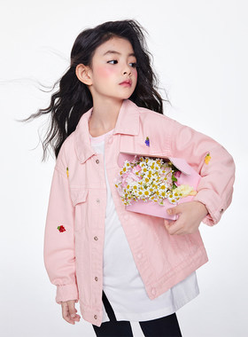 女童牛仔外套春秋季2023新款韩版洋派儿童彩色牛仔粉夹克上衣秋装