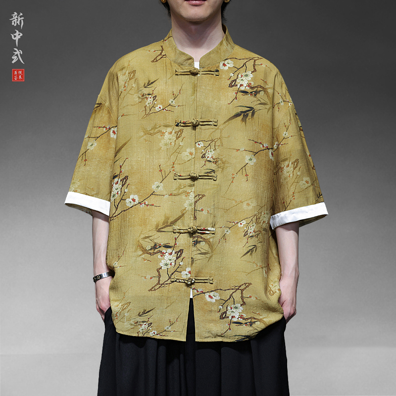 新中式夏季薄款圆领唐装衬衫男宽松大码盘扣七分袖上衣复古中山装
