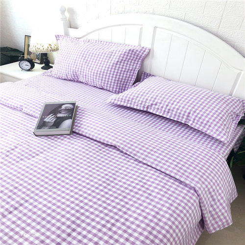【优质粗布】100%纯棉加厚加密紫色小格子床单被单三件套全棉定制