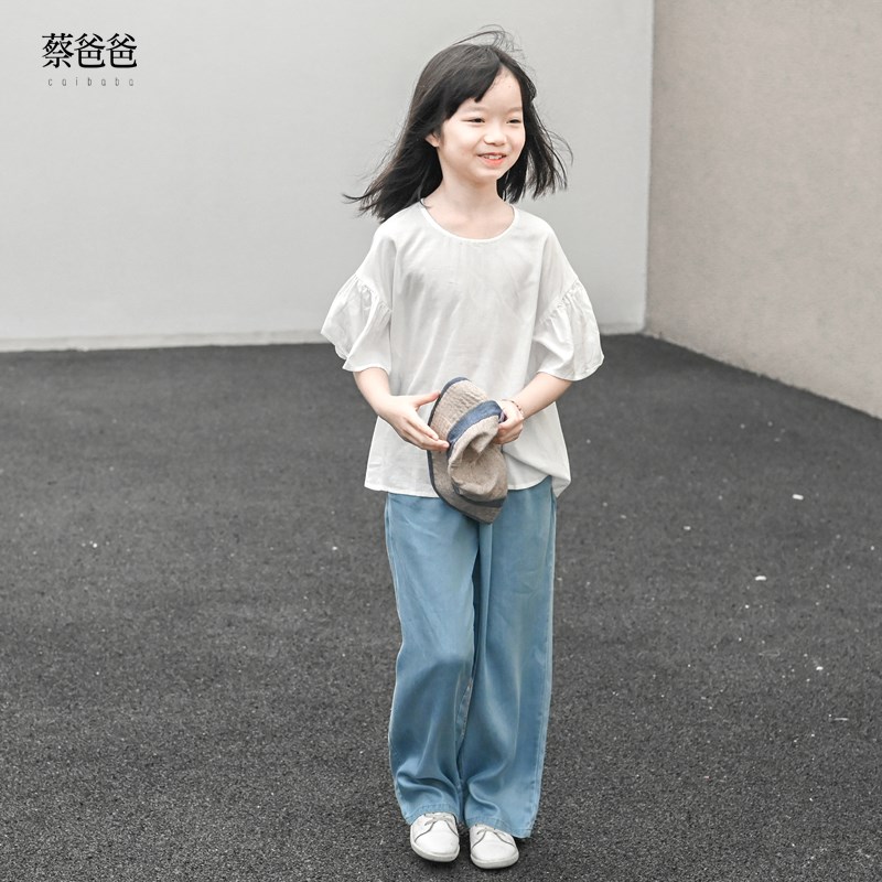 蔡爸爸童装女大童轻薄白色上衣2024时尚夏装绿色宽松短袖676+788