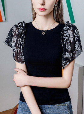 花瓣袖碎花雪纺拼接T恤女短袖修身2025夏季新款洋气女装上衣黑色