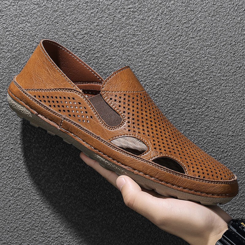 外贸男鞋夏季镂空透气休闲皮凉鞋男士一脚蹬懒人洞洞鞋两用凉拖鞋