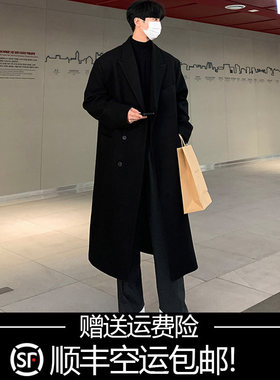 冬季新款毛呢大衣男中长版过膝无羊绒呢子风衣男外套韩版宽松落肩