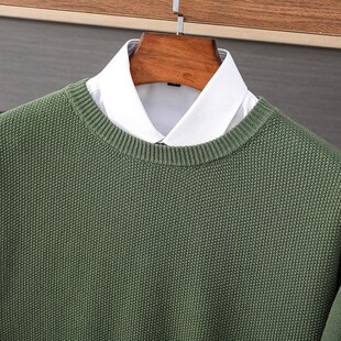 100%纯棉线针织毛衣秋季圆领套头疙瘩针全棉线上衣男内搭打底衫