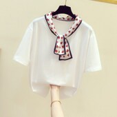 新款 韩版 时尚 2025夏装 缎面爱心丝巾拼接圆领短袖 T恤女休闲上衣潮