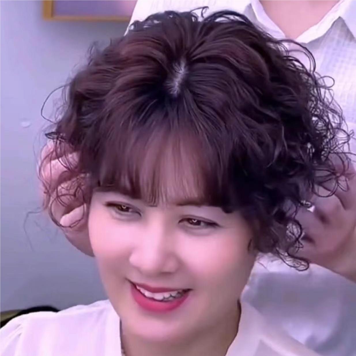 头顶补发块遮白发假发片真发女无痕量蓬松短卷发羊毛卷轻薄真人发