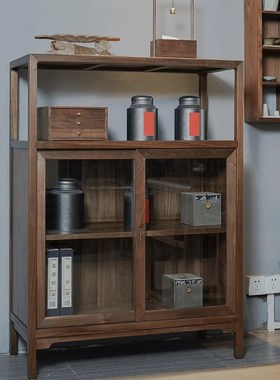 玻璃门置物架边柜新中式北美黑胡桃木实木餐边柜餐厅茶室收纳储物