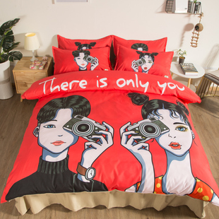 卡通动漫情侣床上用品大红色四件套1.8米床笠婚庆结婚床单被罩3件