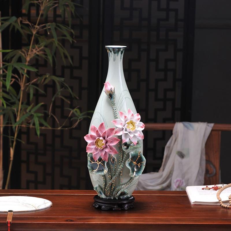 精美陶瓷花瓶摆件客厅插花手工装饰品莲花家居摆设新中式花器皿