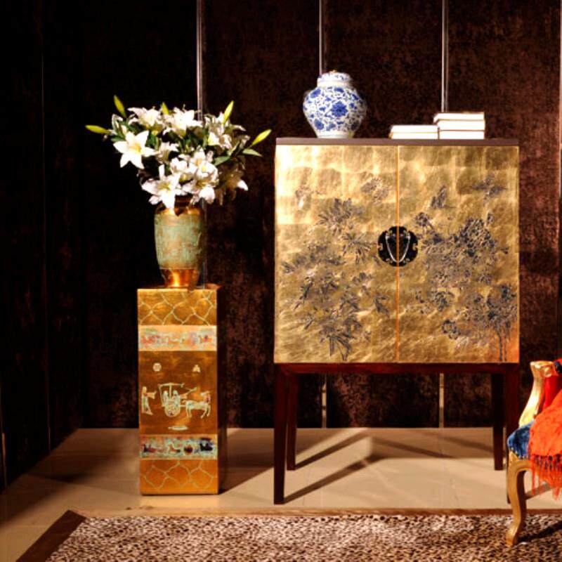 禅意新中式实木家具漆器贴金彩绘镶嵌门厅餐边玄关柜漆画家具设计