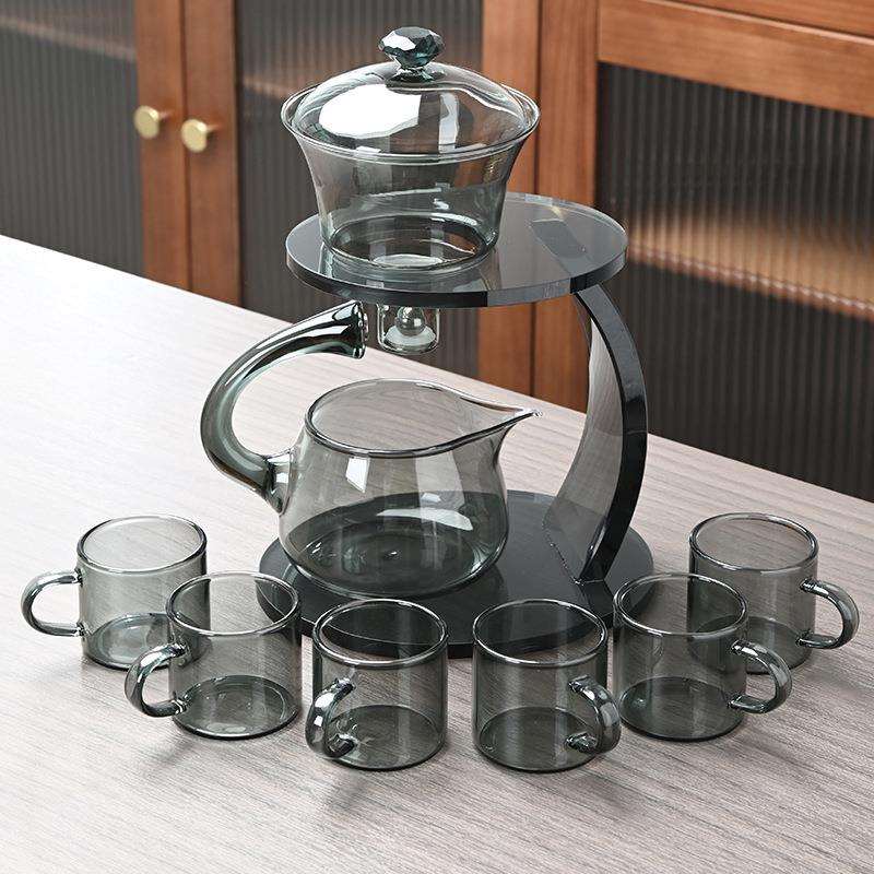 灯宫黑透玻璃磁吸自动冲茶器中式客厅祥云铁艺竹木底座泡茶套装