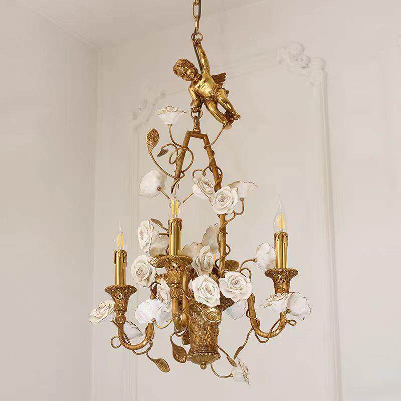 法式田园全铜陶瓷花吊灯花篮艺术陶瓷吊灯欧式复古卧室过道玄关灯