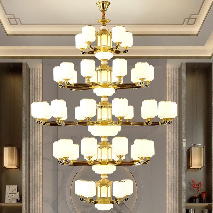 新中式全铜实木复式楼客厅大吊灯跃层楼中楼别墅大厅主灯2024新款