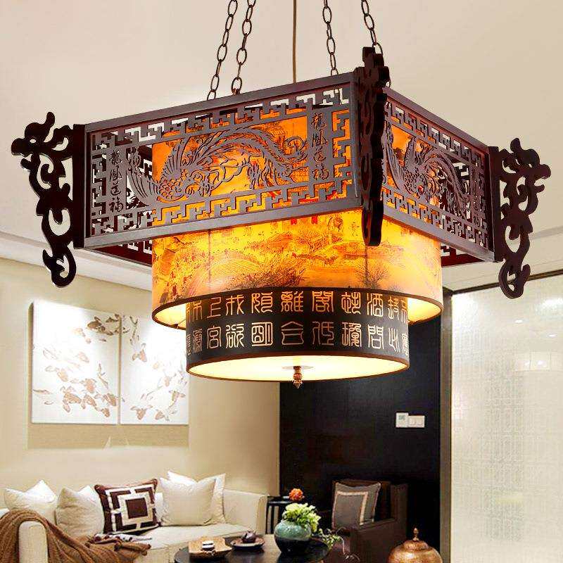 现代新中式古典吊灯仿古茶楼酒店餐厅吊灯具饰高档木艺灯龙凤送福