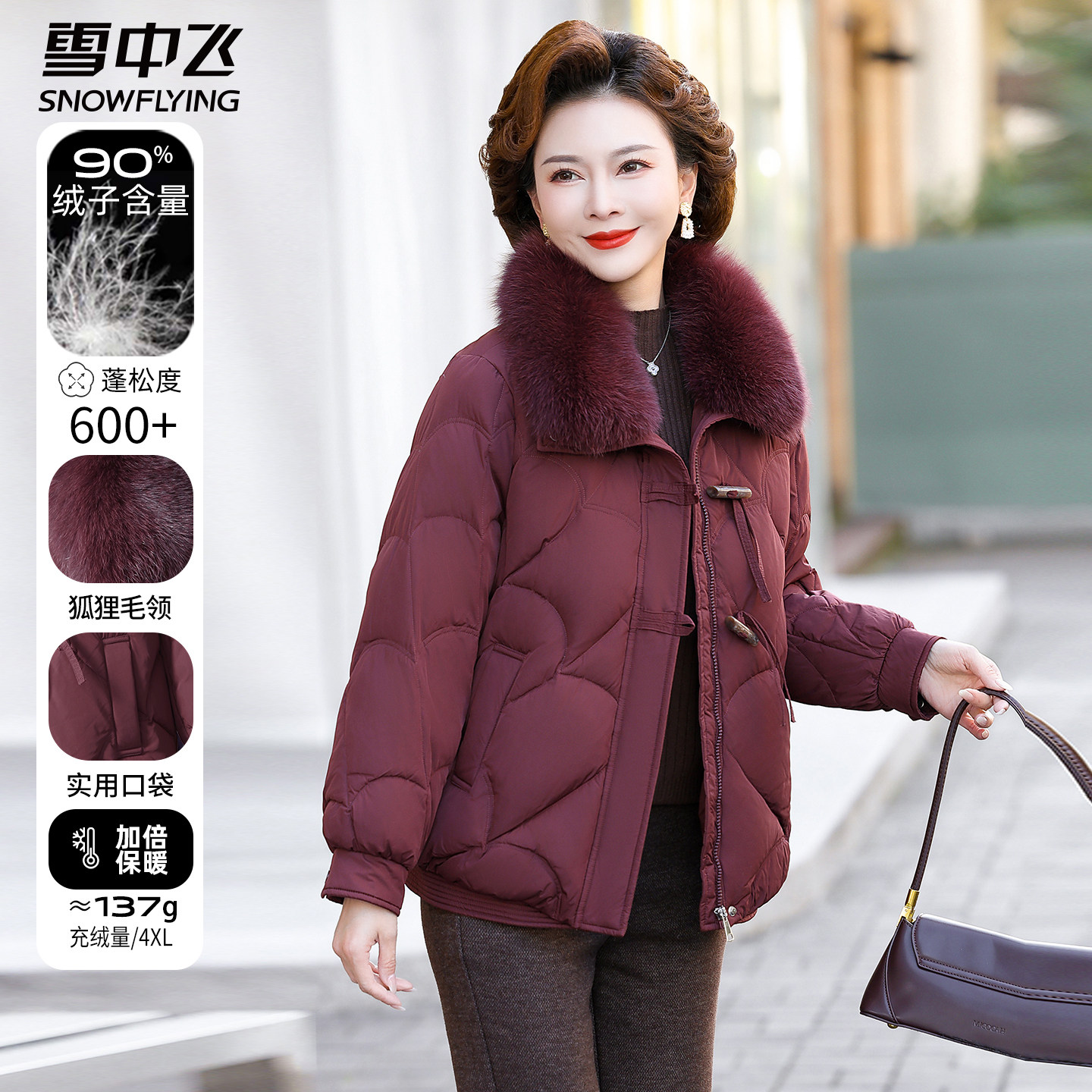 雪中飞妈妈装中老年保暖狐狸毛领短款羽绒服冬季女款翻领冬装外套