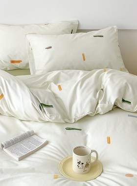 生活倒影  原创小清新绿色v彩条家用40支全棉斜纹三四件套亲肤舒