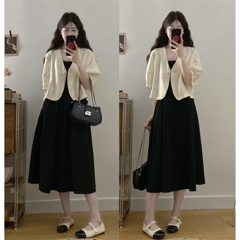 大码胖mm时尚简约珠光开衫短袖上衣+洋气显瘦百搭背心连衣裙套装