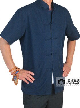 中老年爸爸夏季短袖衬衫男式中国风唐装汉服纯棉盘扣衬衣居士大码