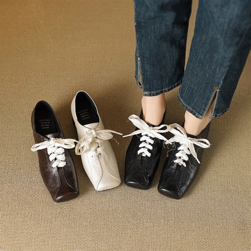 真皮4.5cm粗跟系带小皮鞋女春秋英伦风复古方头中跟深口四季单鞋,女鞋,深口单鞋,淘宝优惠券,粉丝福利购,淘宝优惠卷