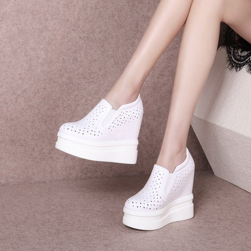 12CM超厚底内增高女鞋超高跟坡跟单鞋真皮镂空小白鞋小个子松糕鞋,女鞋,深口单鞋,淘宝优惠券,粉丝福利购,淘宝优惠卷