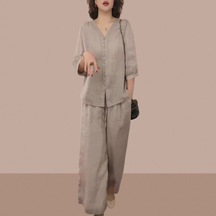 时尚 中年妈妈棉麻套装 气质覆古亚麻休闲 2025新款 两 女士夏装
