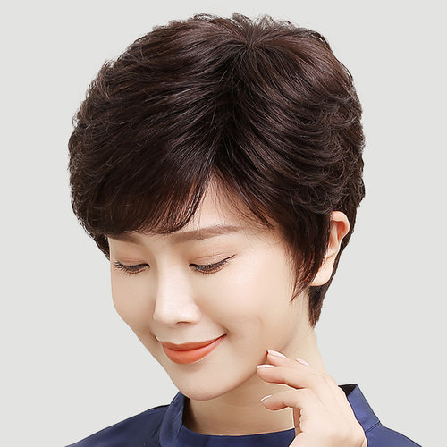 假发短发女真发全真人发女士中老年全头套式假发套自然妈妈短卷发