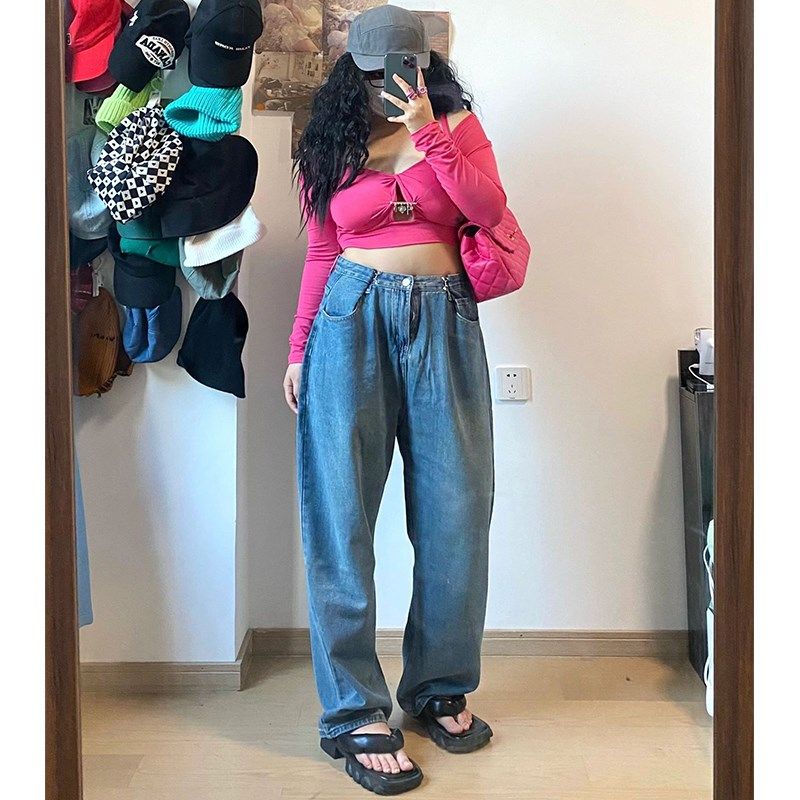 大码女装梨形身材高腰遮肉显瘦牛仔裤女胖mm松紧腰宽松拖地阔腿裤