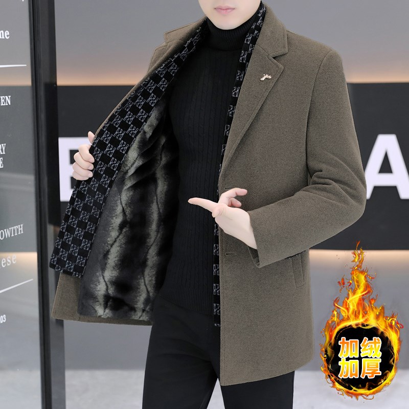 秋冬季中长款毛呢大衣男士韩版加绒加厚西装领保暖呢子风衣外套潮