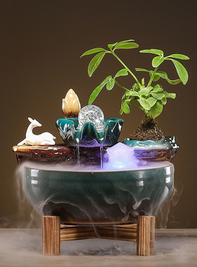 招财流水循环陶瓷鱼缸家居客厅瀑布喷泉造景办公家用装饰乔迁摆件