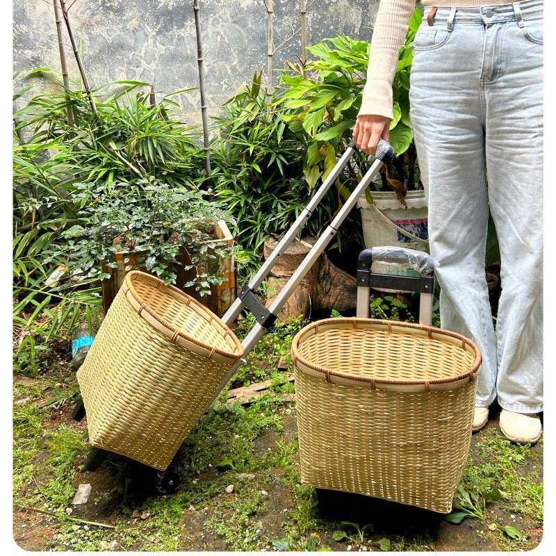 手工竹筐买菜手推车 竹编筐收纳篮 超市购物带轮轻便拉杆竹筐