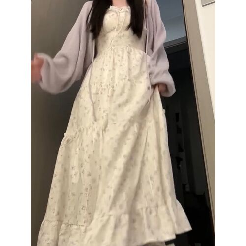 度假风系带方口领碎花吊带连衣裙子+女学生防晒针织开衫两件套装